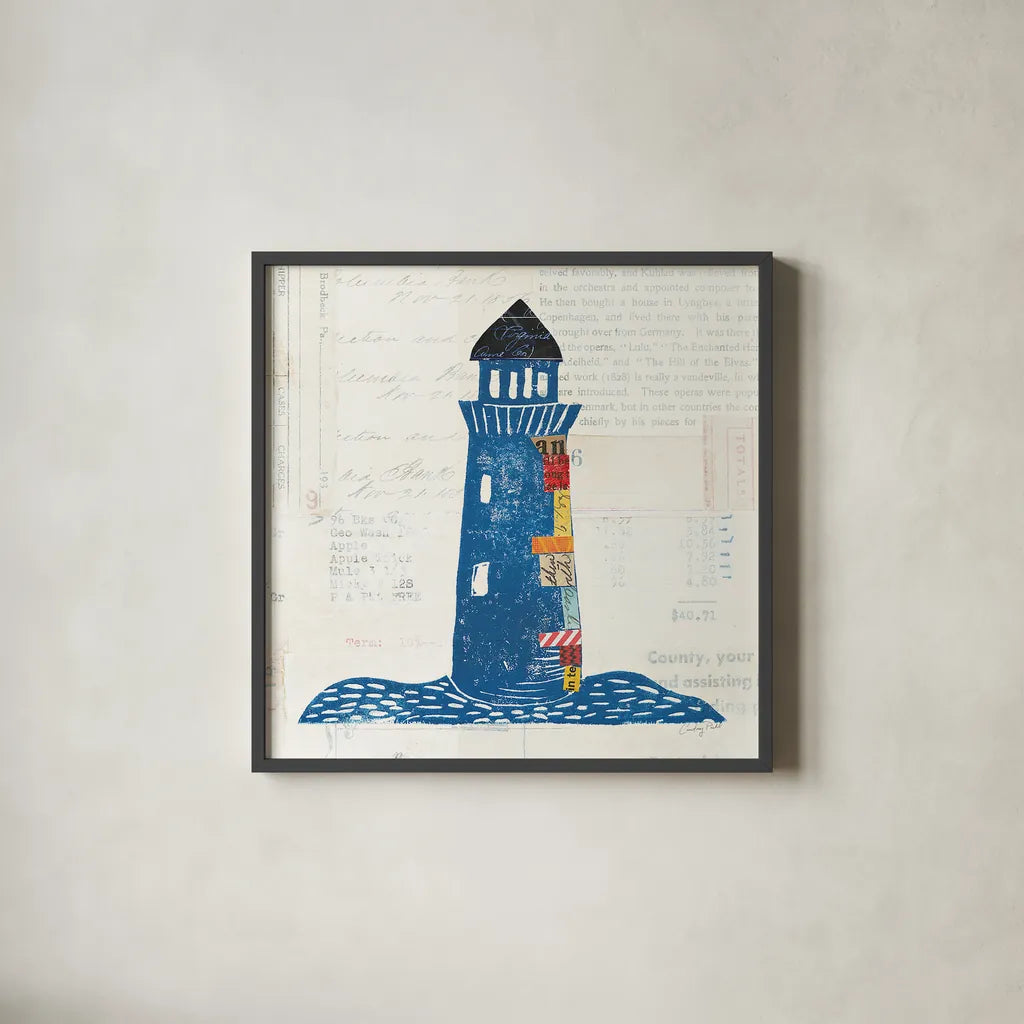 Nautical Collage II on Newsprint by Courtney Prahl. Shown in a sleek black glass frame for a contemporary gallery look. Available as an archival giclee rolled canvas, fine art paper, or poster print. SKU 33865a.