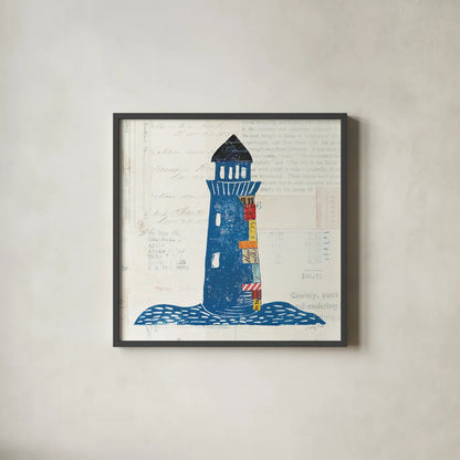 Nautical Collage II on Newsprint by Courtney Prahl. Shown in a sleek black glass frame for a contemporary gallery look. Available as an archival giclee rolled canvas, fine art paper, or poster print. SKU 33865a.
