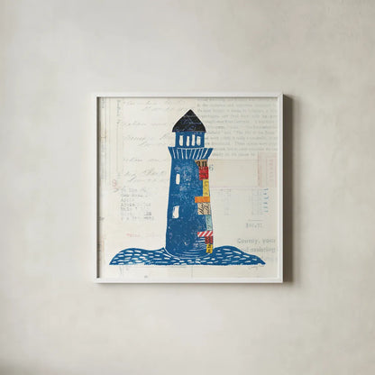Nautical Collage II on Newsprint by Courtney Prahl. Shown in a crisp white glass frame for a clean and minimalist style. Available as an archival giclee rolled canvas, fine art paper, or poster print. SKU 33865a.