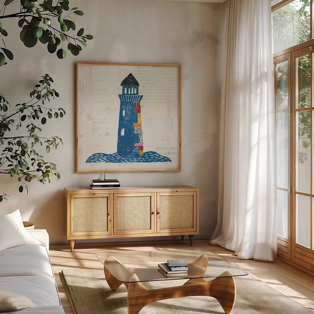 Nautical Collage II on Newsprint by Courtney Prahl. Shown in a natural wood frame in a cozy modern living room. Available as an archival giclee rolled canvas, fine art paper, or poster print. SKU 33865a.