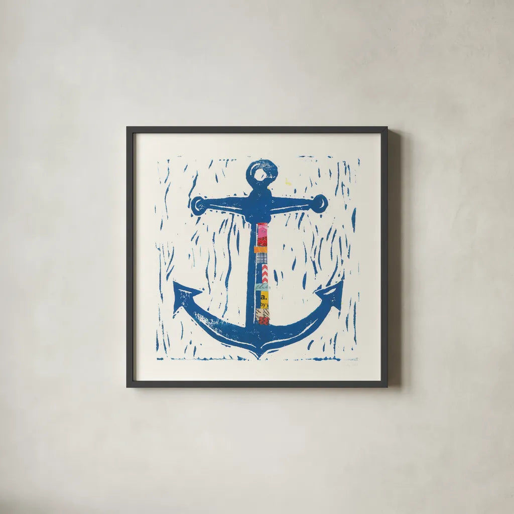 Nautical Collage III by Courtney Prahl. Shown in a sleek black glass frame for a contemporary gallery look. Available as an archival giclee rolled canvas, fine art paper, or poster print. SKU 32802a.
