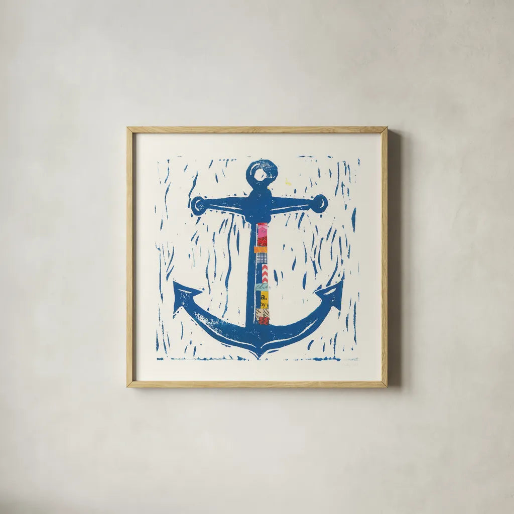 Nautical Collage III by Courtney Prahl. Shown in a natural wood glass frame for a timeless modern aesthetic. Available as an archival giclee rolled canvas, fine art paper, or poster print. SKU 32802a.