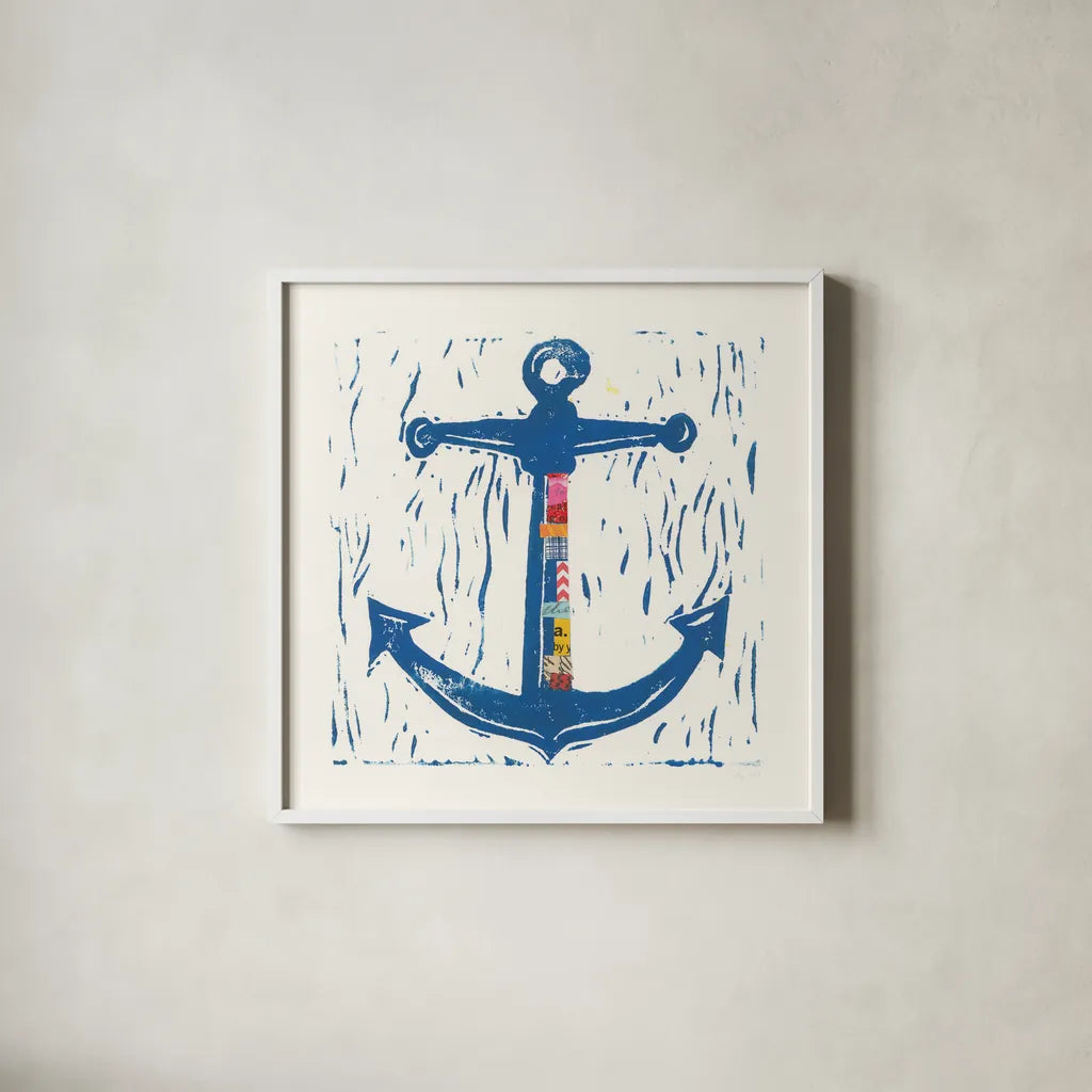 Nautical Collage III by Courtney Prahl. Shown in a crisp white glass frame for a clean and minimalist style. Available as an archival giclee rolled canvas, fine art paper, or poster print. SKU 32802a.