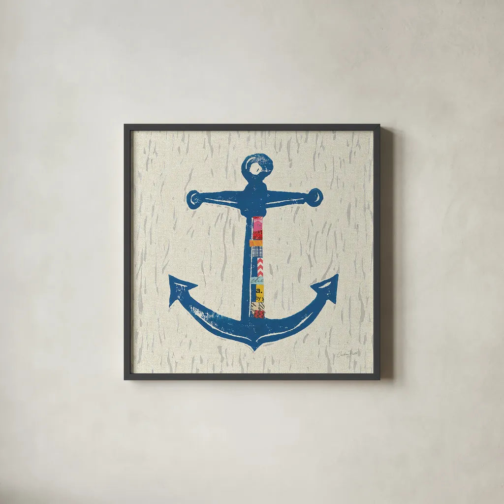 Nautical Collage III on Linen by Courtney Prahl. Shown in a sleek black glass frame for a contemporary gallery look. Available as an archival giclee rolled canvas, fine art paper, or poster print. SKU 33862a.