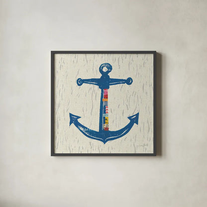 Nautical Collage III on Linen by Courtney Prahl. Shown in a sleek black glass frame for a contemporary gallery look. Available as an archival giclee rolled canvas, fine art paper, or poster print. SKU 33862a.