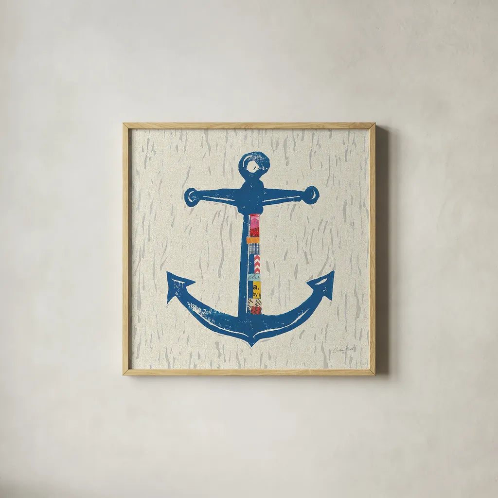 Nautical Collage III on Linen by Courtney Prahl. Shown in a natural wood glass frame for a timeless modern aesthetic. Available as an archival giclee rolled canvas, fine art paper, or poster print. SKU 33862a.