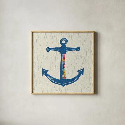 Nautical Collage III on Linen by Courtney Prahl. Shown in a natural wood glass frame for a timeless modern aesthetic. Available as an archival giclee rolled canvas, fine art paper, or poster print. SKU 33862a.