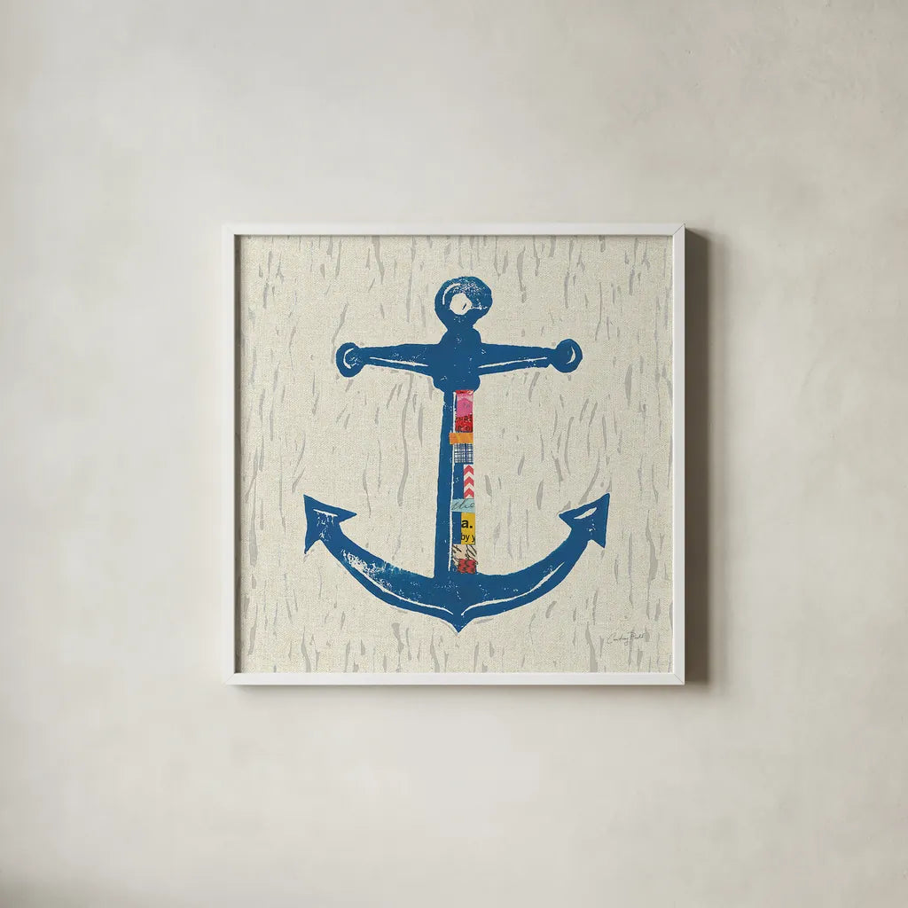 Nautical Collage III on Linen by Courtney Prahl. Shown in a crisp white glass frame for a clean and minimalist style. Available as an archival giclee rolled canvas, fine art paper, or poster print. SKU 33862a.