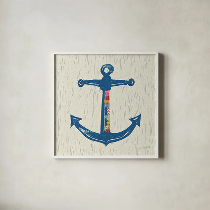 Nautical Collage III on Linen by Courtney Prahl. Shown in a crisp white glass frame for a clean and minimalist style. Available as an archival giclee rolled canvas, fine art paper, or poster print. SKU 33862a.