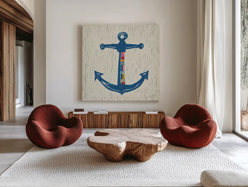 Nautical Collage III on Linen by Courtney Prahl. Shown as extra-large giant wall art in a modern living room. Available as an archival giclee rolled canvas, fine art paper, or poster print. SKU 33862a.