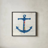 Nautical Collage III on Newsprint by Courtney Prahl. Shown in a sleek black glass frame for a contemporary gallery look. Available as an archival giclee rolled canvas, fine art paper, or poster print. SKU 33866a.