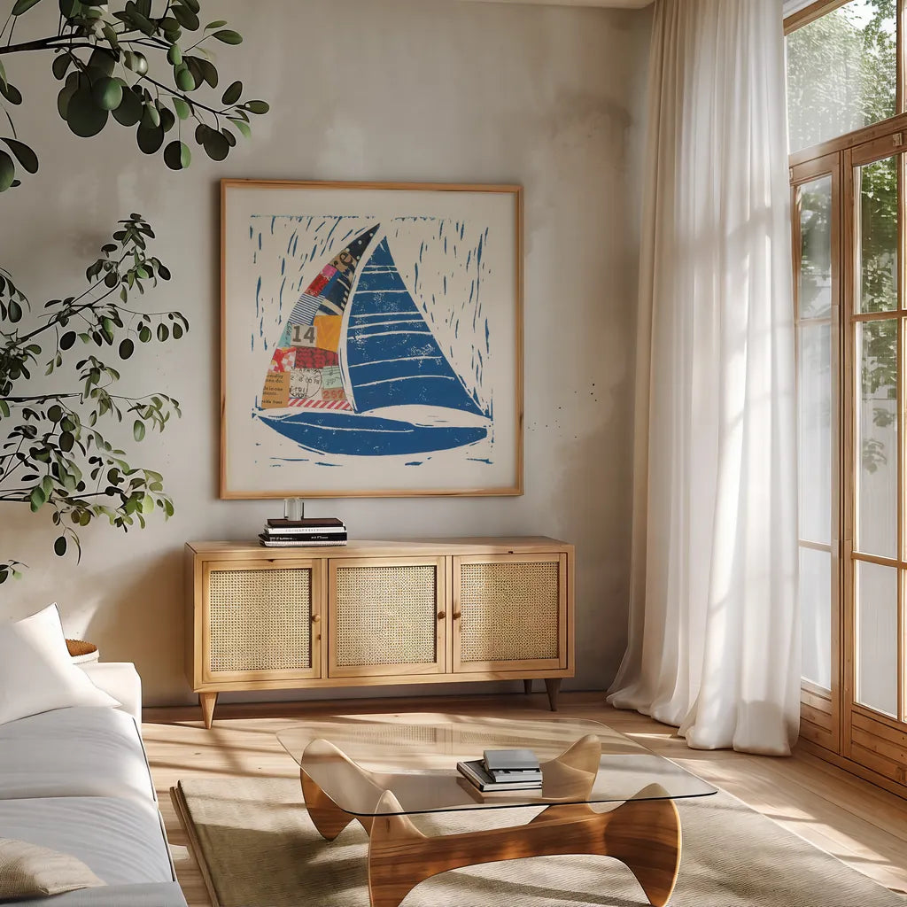Nautical Collage IV by Courtney Prahl. Shown in a natural wood frame in a cozy modern living room. Available as an archival giclee rolled canvas, fine art paper, or poster print. SKU 32803a.