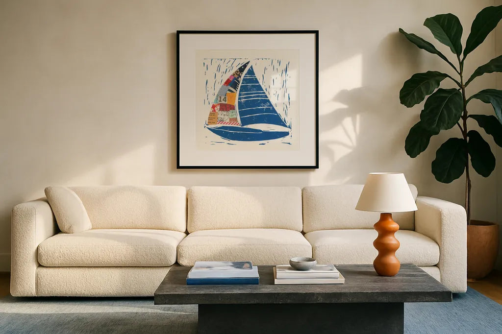 Nautical Collage IV by Courtney Prahl. Displayed in a glass frame with matte in a clean modern living room. Available as an archival giclee rolled canvas, fine art paper, or poster print. SKU 32803a.