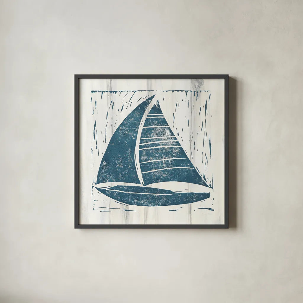 Nautical Collage IV On White Wood by Courtney Prahl. Shown in a sleek black glass frame for a contemporary gallery look. Available as an archival giclee rolled canvas, fine art paper, or poster print. SKU 41773a.