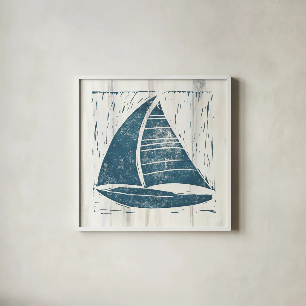 Nautical Collage IV On White Wood by Courtney Prahl. Shown in a crisp white glass frame for a clean and minimalist style. Available as an archival giclee rolled canvas, fine art paper, or poster print. SKU 41773a.