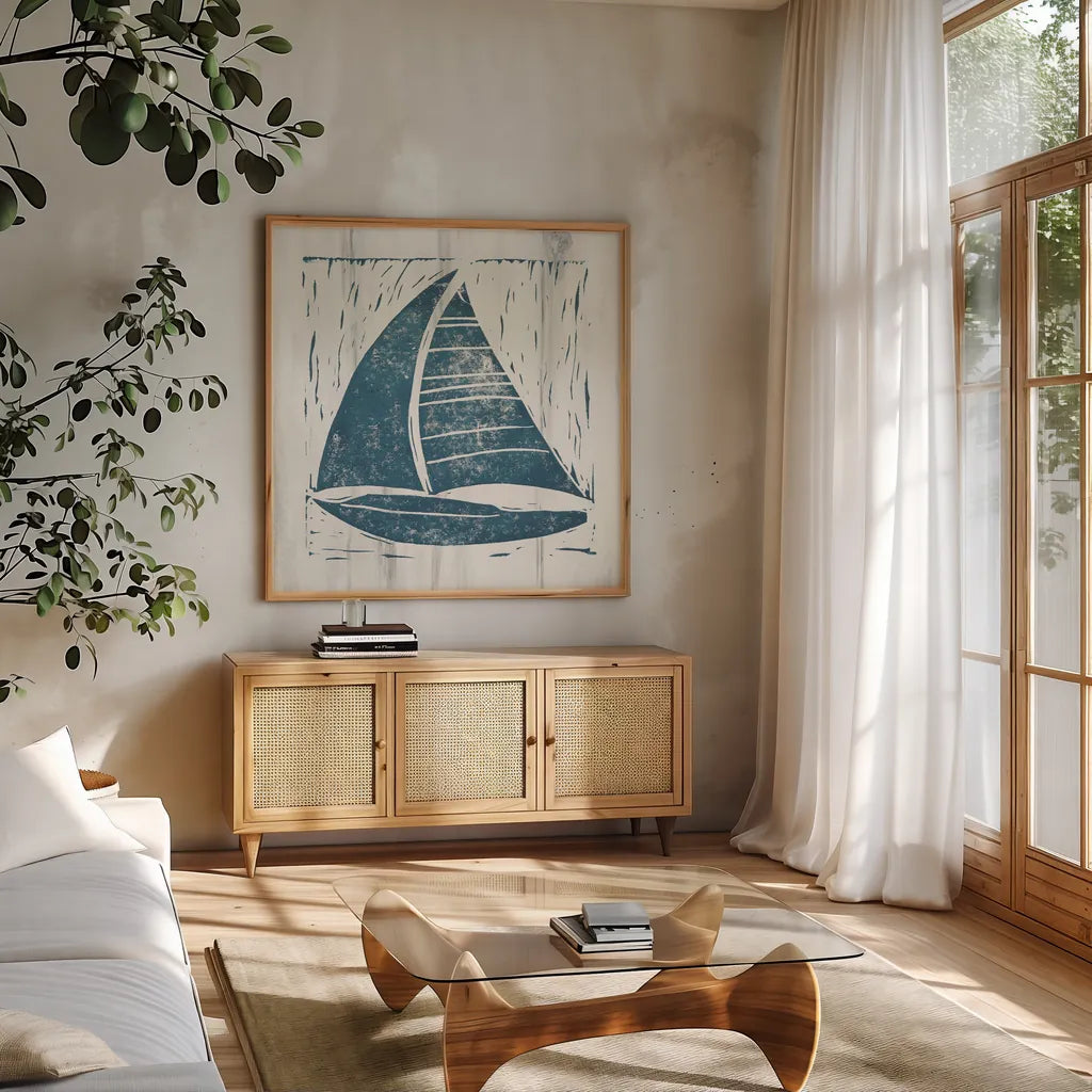 Nautical Collage IV On White Wood by Courtney Prahl. Shown in a natural wood frame in a cozy modern living room. Available as an archival giclee rolled canvas, fine art paper, or poster print. SKU 41773a.