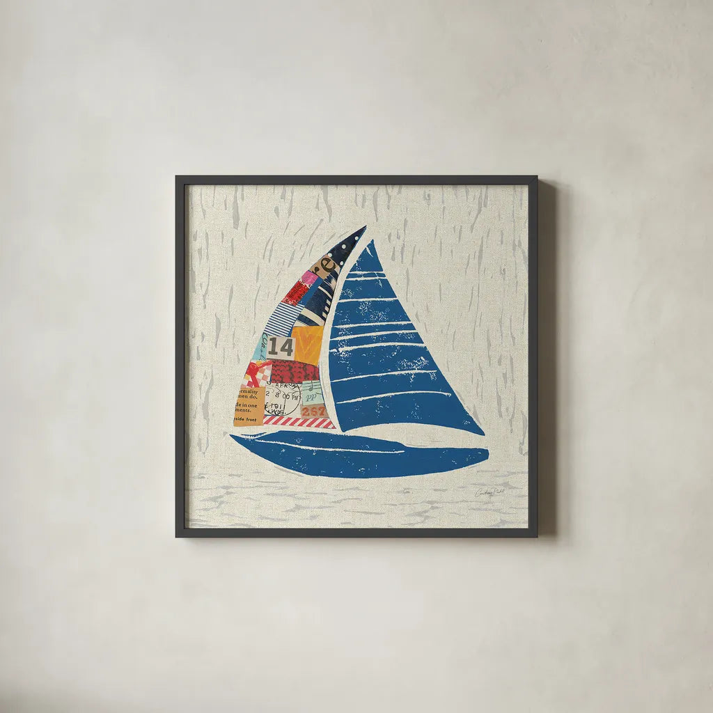 Nautical Collage IV on Linen by Courtney Prahl. Shown in a sleek black glass frame for a contemporary gallery look. Available as an archival giclee rolled canvas, fine art paper, or poster print. SKU 33863a.