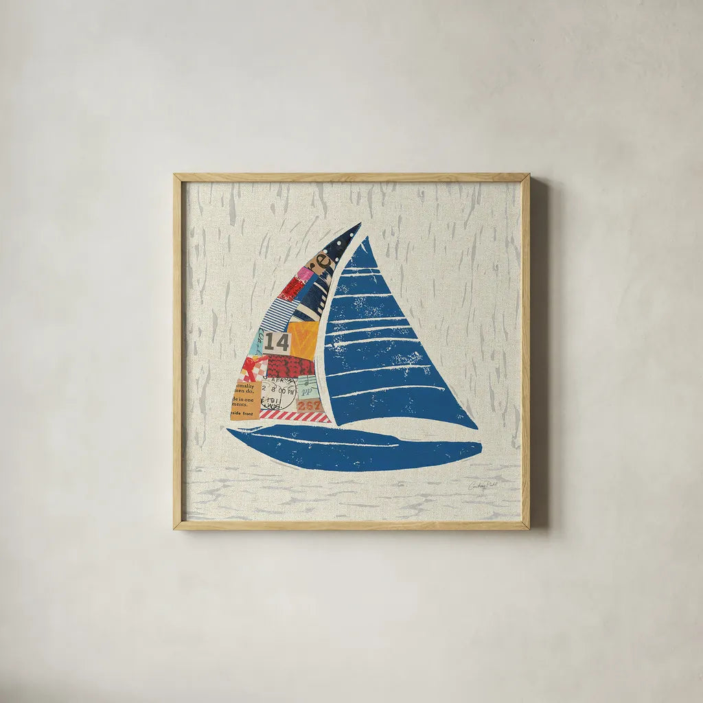 Nautical Collage IV on Linen by Courtney Prahl. Shown in a natural wood glass frame for a timeless modern aesthetic. Available as an archival giclee rolled canvas, fine art paper, or poster print. SKU 33863a.