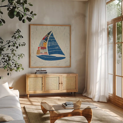 Nautical Collage IV on Linen by Courtney Prahl. Shown in a natural wood frame in a cozy modern living room. Available as an archival giclee rolled canvas, fine art paper, or poster print. SKU 33863a.