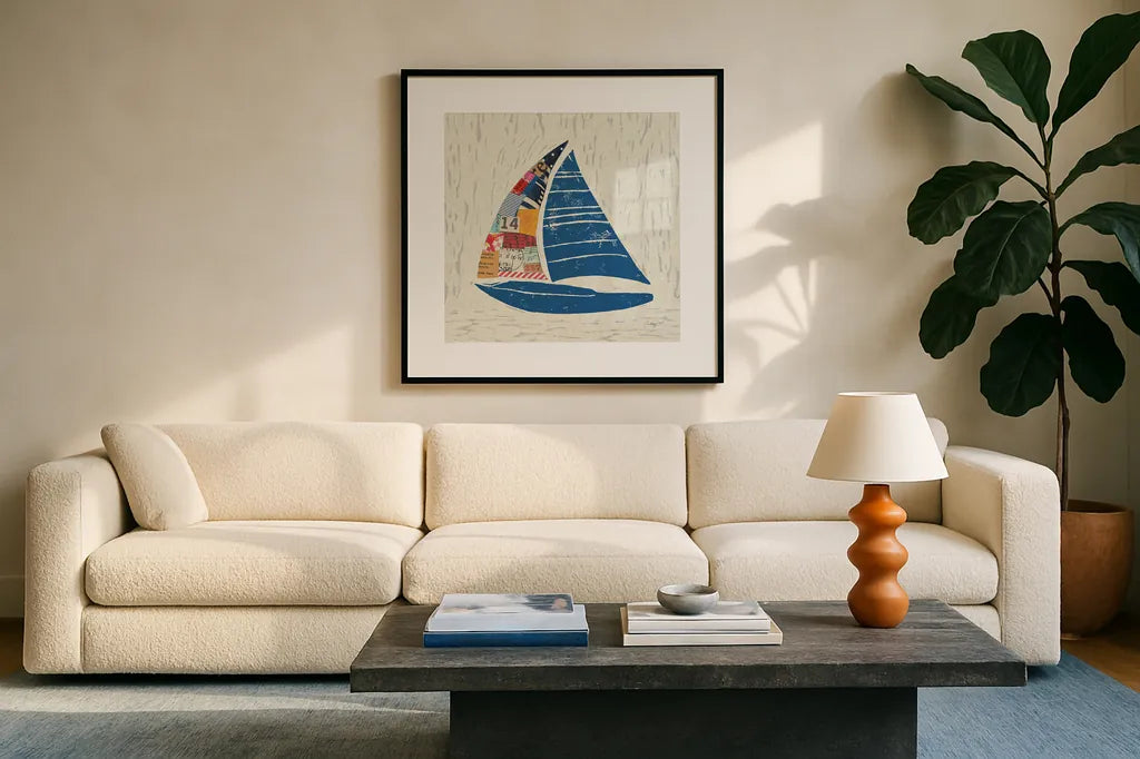 Nautical Collage IV on Linen by Courtney Prahl. Displayed in a glass frame with matte in a clean modern living room. Available as an archival giclee rolled canvas, fine art paper, or poster print. SKU 33863a.
