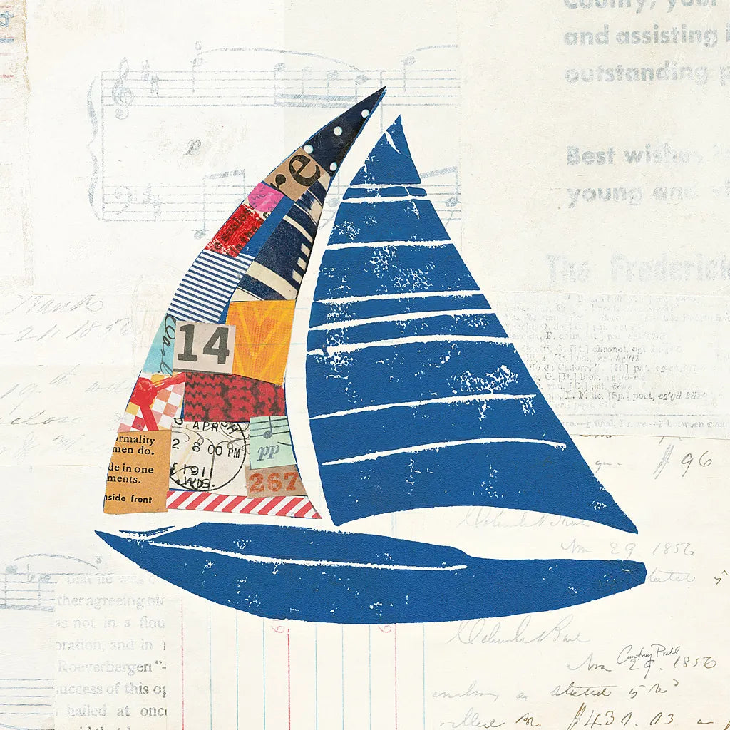 Nautical Collage IV on Newsprint by Courtney Prahl. SKU 33867a. Archival Giclee Fine art print for wall decor.