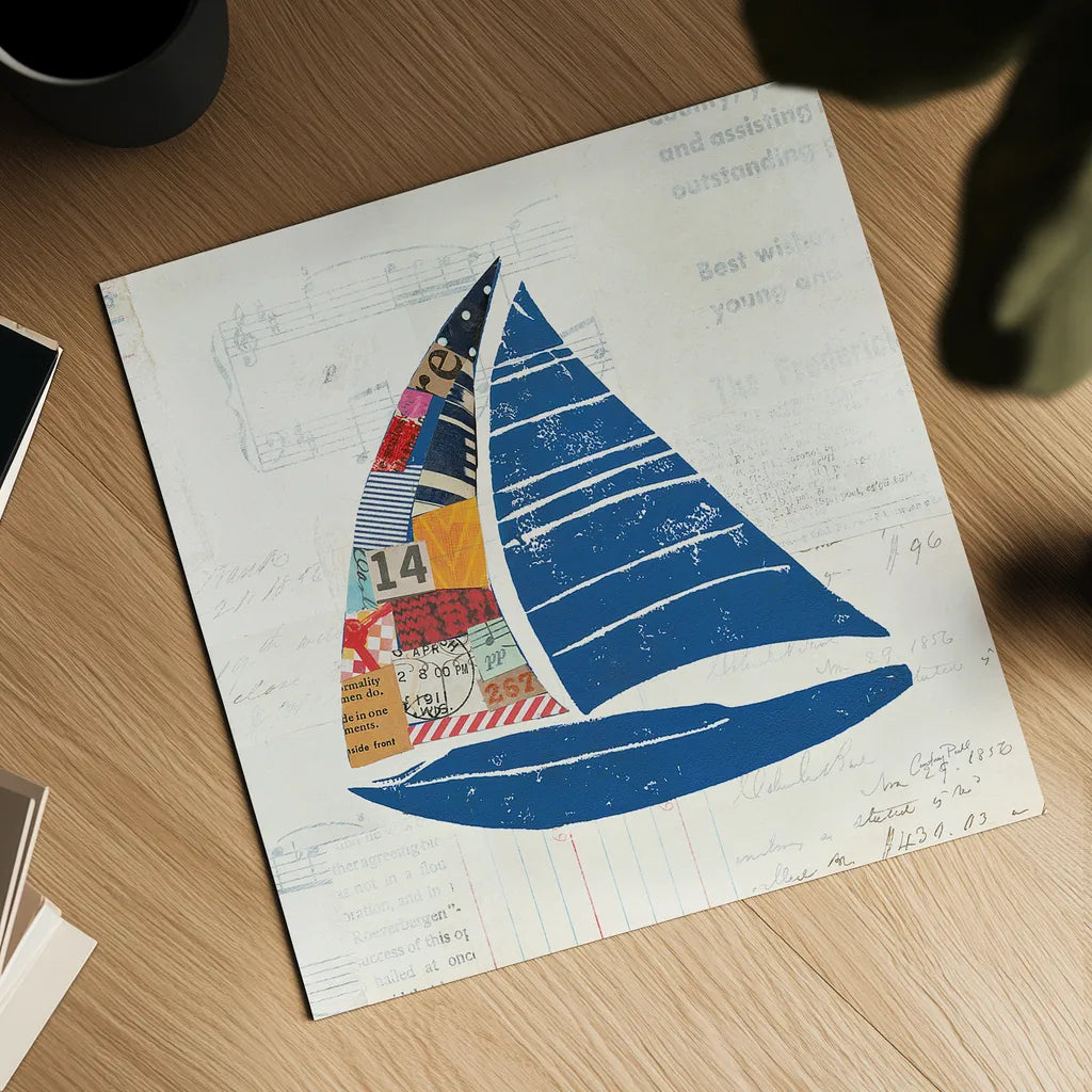 Nautical Collage IV on Newsprint by Courtney Prahl. Shown as a detailed flat fine art print, highlighting archival giclee quality. Available as an archival giclee rolled canvas, fine art paper, or poster print. SKU 33867a.