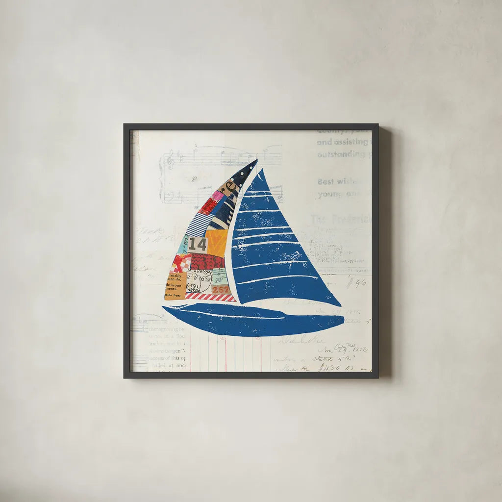 Nautical Collage IV on Newsprint by Courtney Prahl. Shown in a sleek black glass frame for a contemporary gallery look. Available as an archival giclee rolled canvas, fine art paper, or poster print. SKU 33867a.