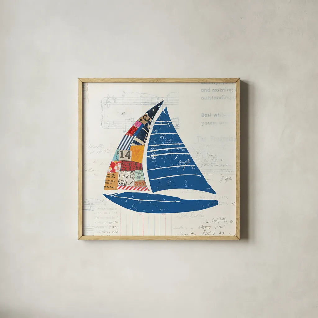 Nautical Collage IV on Newsprint by Courtney Prahl. Shown in a natural wood glass frame for a timeless modern aesthetic. Available as an archival giclee rolled canvas, fine art paper, or poster print. SKU 33867a.