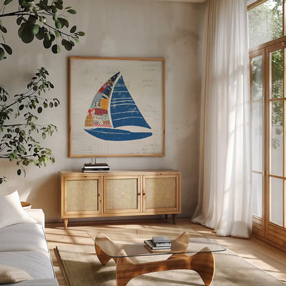 Nautical Collage IV on Newsprint by Courtney Prahl. Shown in a natural wood frame in a cozy modern living room. Available as an archival giclee rolled canvas, fine art paper, or poster print. SKU 33867a.