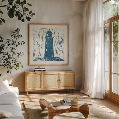 Nautical Collage on White I by Courtney Prahl. Shown in a natural wood frame in a cozy modern living room. Available as an archival giclee rolled canvas, fine art paper, or poster print. SKU 32804a.