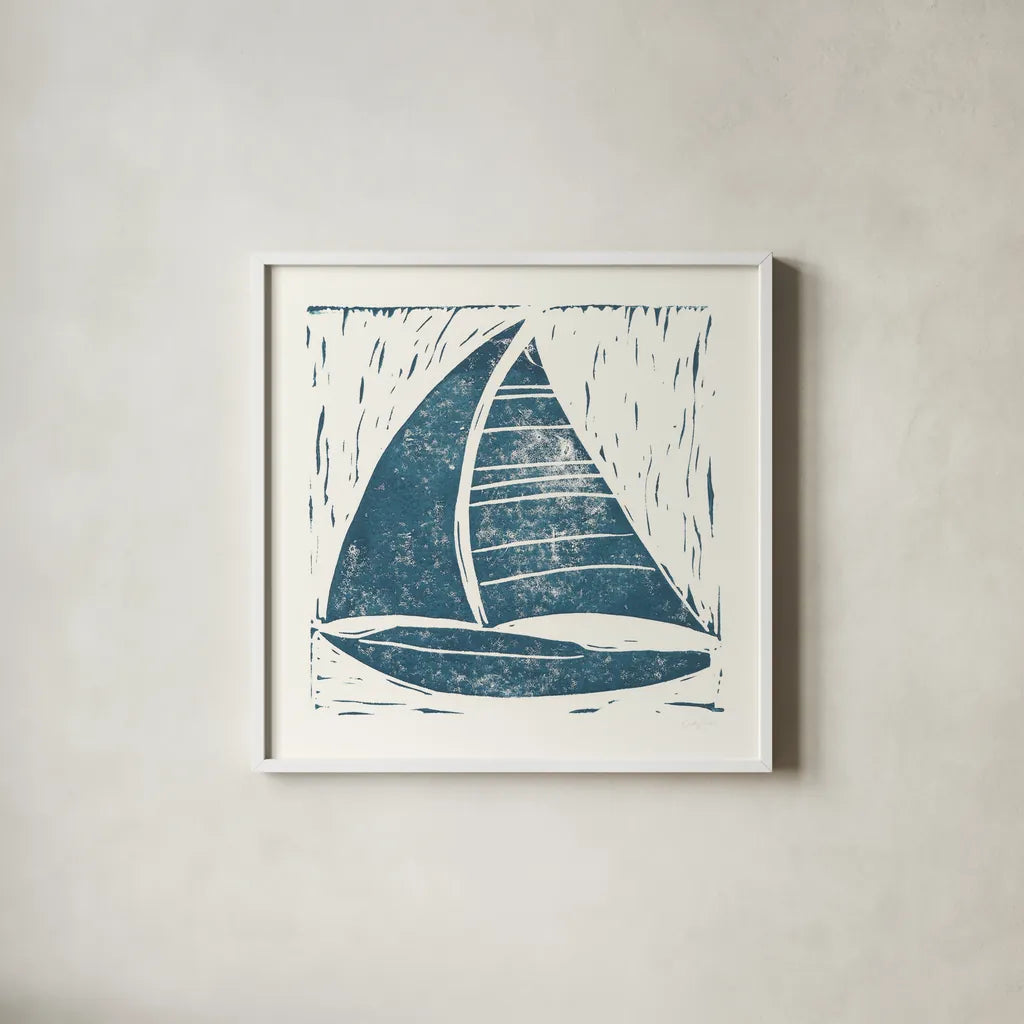 Nautical Collage on White IV by Courtney Prahl. Shown in a crisp white glass frame for a clean and minimalist style. Available as an archival giclee rolled canvas, fine art paper, or poster print. SKU 32807a.