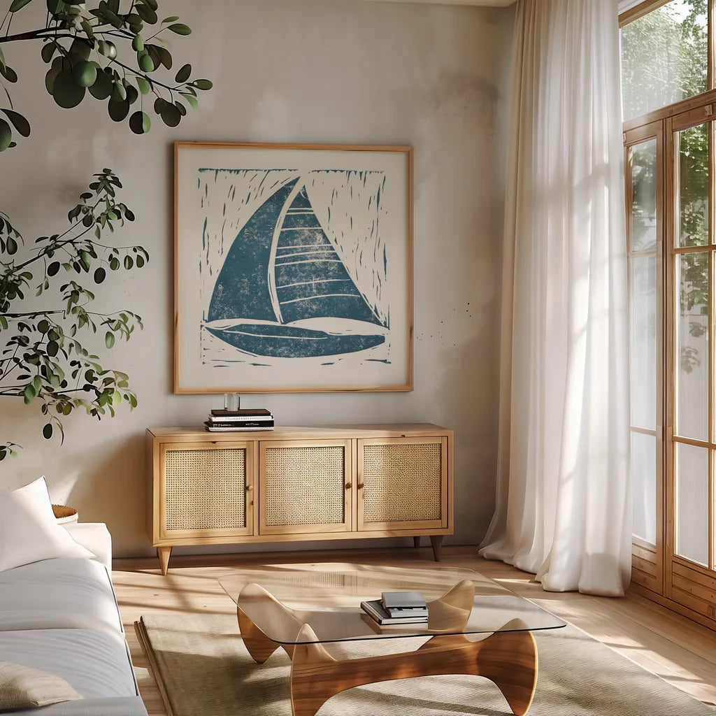 Nautical Collage on White IV by Courtney Prahl. Shown in a natural wood frame in a cozy modern living room. Available as an archival giclee rolled canvas, fine art paper, or poster print. SKU 32807a.