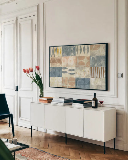 Neutral Blocks by Courtney Prahl. shown as a framed stretched canvas in a living room above a console. Available as a archival giclee rolled canvas, fine art paper, or poster print. SKU 71952i.