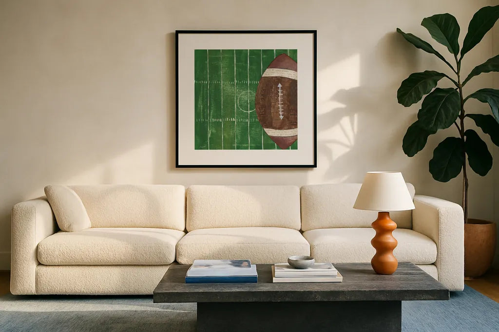 On the Field I by Courtney Prahl. Displayed in a glass frame with matte in a clean modern living room. Available as an archival giclee rolled canvas, fine art paper, or poster print. SKU 31723a.
