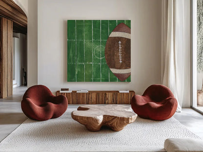 On the Field I by Courtney Prahl. Shown as extra-large giant wall art in a modern living room. Available as an archival giclee rolled canvas, fine art paper, or poster print. SKU 31723a.