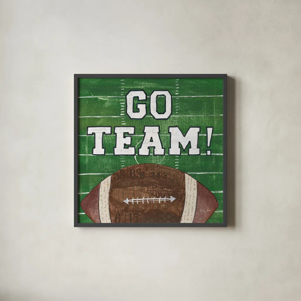 On the Field I Go Team by Courtney Prahl. Shown in a sleek black glass frame for a contemporary gallery look. Available as an archival giclee rolled canvas, fine art paper, or poster print. SKU 32958a.