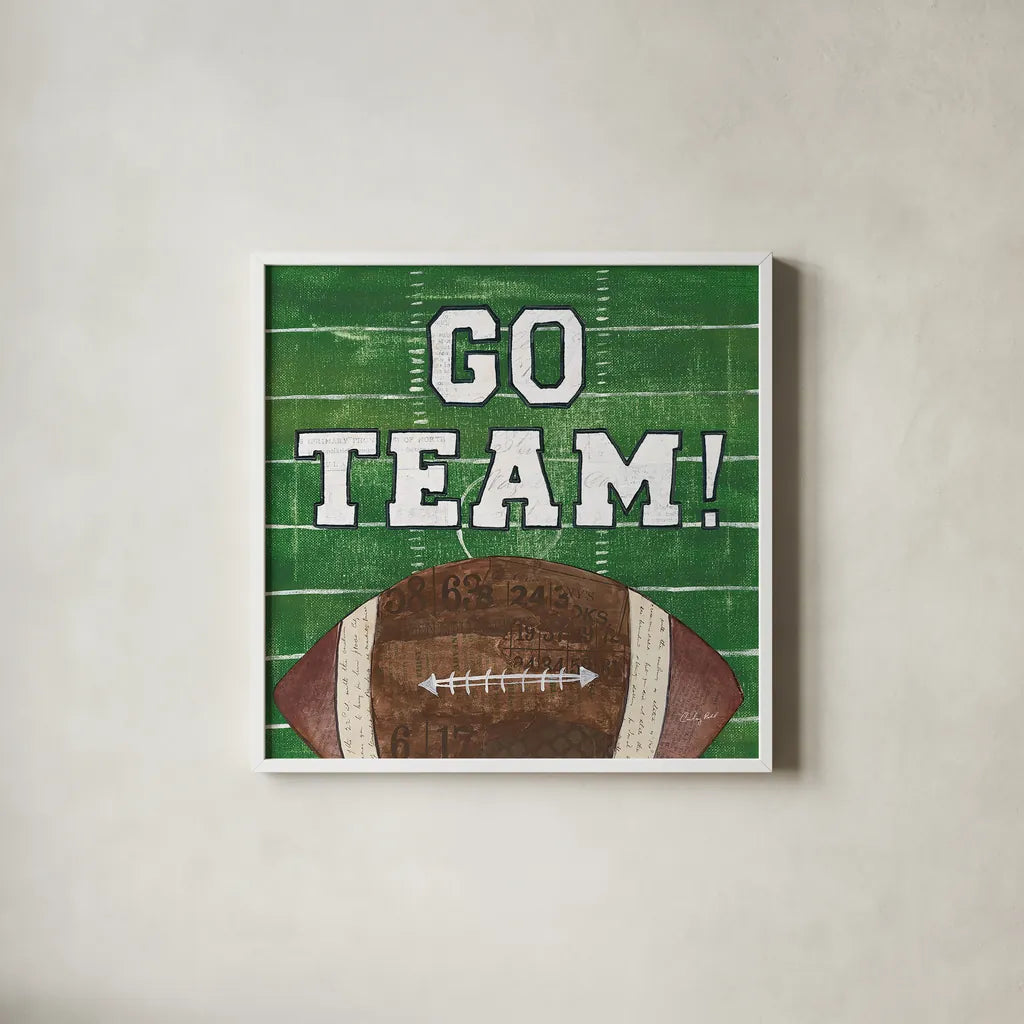 On the Field I Go Team by Courtney Prahl. Shown in a crisp white glass frame for a clean and minimalist style. Available as an archival giclee rolled canvas, fine art paper, or poster print. SKU 32958a.