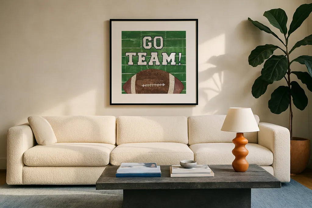 On the Field I Go Team by Courtney Prahl. Displayed in a glass frame with matte in a clean modern living room. Available as an archival giclee rolled canvas, fine art paper, or poster print. SKU 32958a.