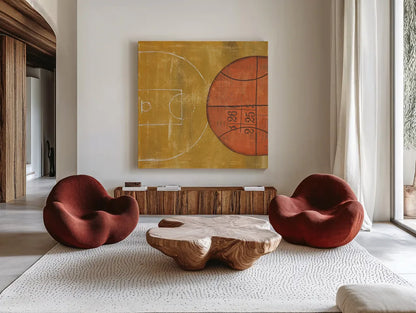 On the Field II by Courtney Prahl. Shown as extra-large giant wall art in a modern living room. Available as an archival giclee rolled canvas, fine art paper, or poster print. SKU 31724a.