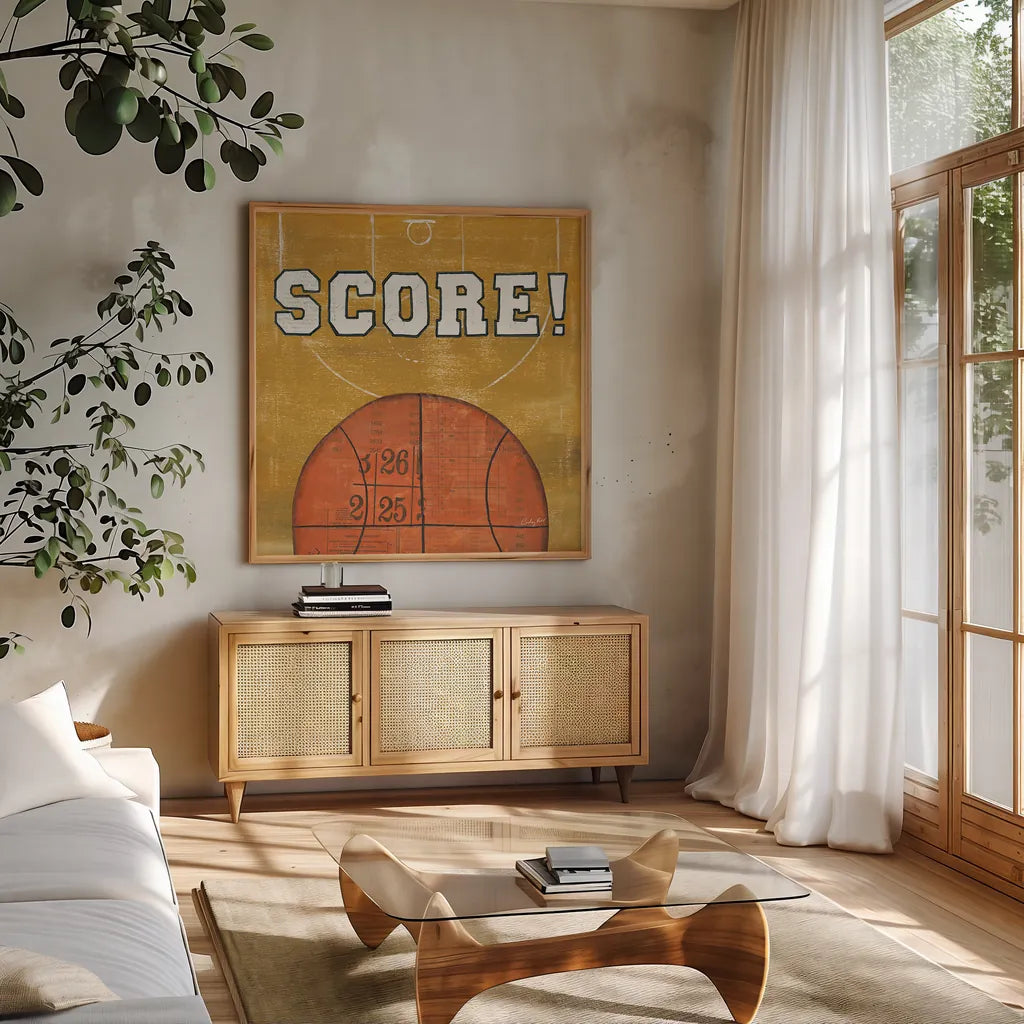 On the Field II Score by Courtney Prahl. Shown in a natural wood frame in a cozy modern living room. Available as an archival giclee rolled canvas, fine art paper, or poster print. SKU 32959a.