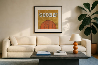 On the Field II Score by Courtney Prahl. Displayed in a glass frame with matte in a clean modern living room. Available as an archival giclee rolled canvas, fine art paper, or poster print. SKU 32959a.