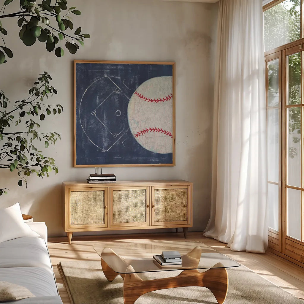 On the Field III by Courtney Prahl. Shown in a natural wood frame in a cozy modern living room. Available as an archival giclee rolled canvas, fine art paper, or poster print. SKU 31725a.