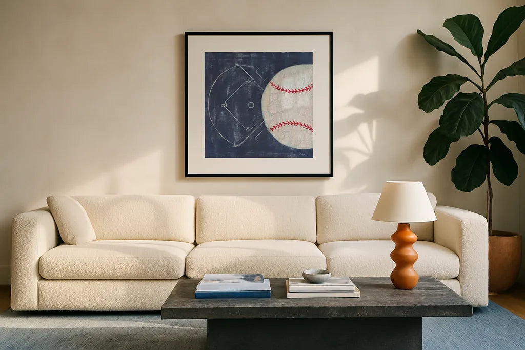 On the Field III by Courtney Prahl. Displayed in a glass frame with matte in a clean modern living room. Available as an archival giclee rolled canvas, fine art paper, or poster print. SKU 31725a.
