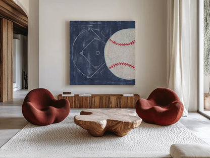On the Field III by Courtney Prahl. Shown as extra-large giant wall art in a modern living room. Available as an archival giclee rolled canvas, fine art paper, or poster print. SKU 31725a.