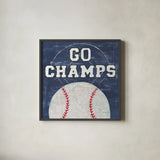 On the Field III Go Champs by Courtney Prahl. Shown in a sleek black glass frame for a contemporary gallery look. Available as an archival giclee rolled canvas, fine art paper, or poster print. SKU 32960a.