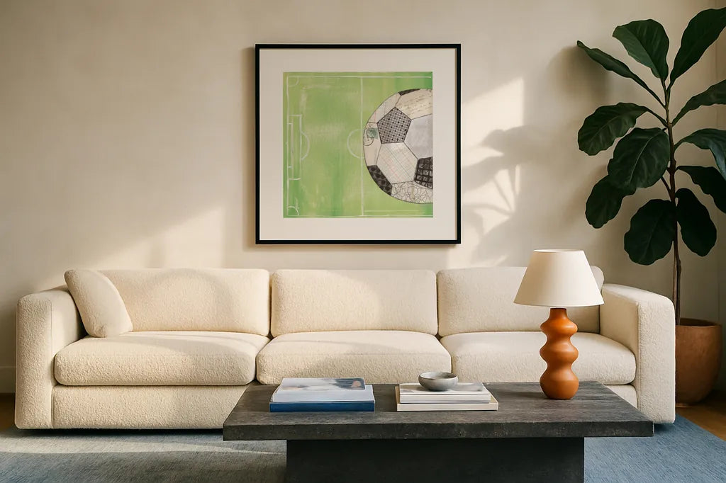 On the Field IV by Courtney Prahl. Displayed in a glass frame with matte in a clean modern living room. Available as an archival giclee rolled canvas, fine art paper, or poster print. SKU 31726a.