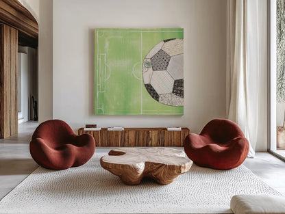 On the Field IV by Courtney Prahl. Shown as extra-large giant wall art in a modern living room. Available as an archival giclee rolled canvas, fine art paper, or poster print. SKU 31726a.