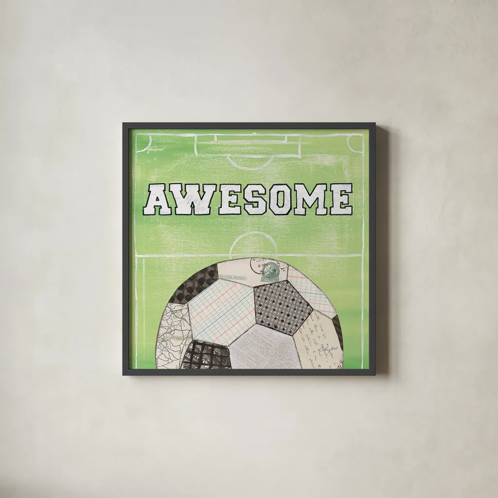 On the Field IV Awesome by Courtney Prahl. Shown in a sleek black glass frame for a contemporary gallery look. Available as an archival giclee rolled canvas, fine art paper, or poster print. SKU 32961a.