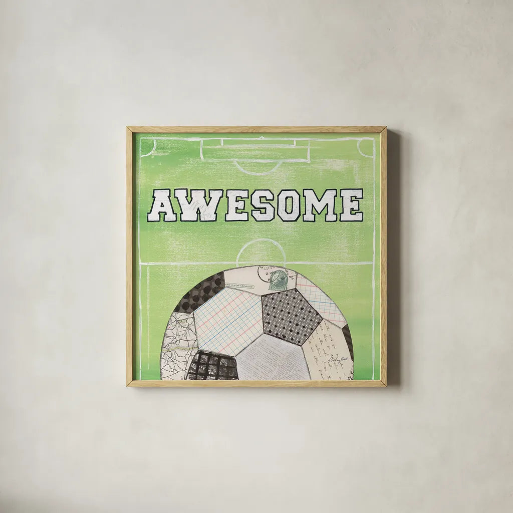 On the Field IV Awesome by Courtney Prahl. Shown in a natural wood glass frame for a timeless modern aesthetic. Available as an archival giclee rolled canvas, fine art paper, or poster print. SKU 32961a.