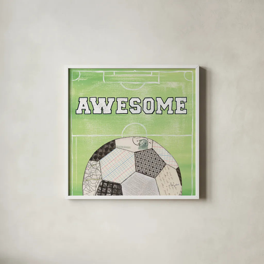 On the Field IV Awesome by Courtney Prahl. Shown in a crisp white glass frame for a clean and minimalist style. Available as an archival giclee rolled canvas, fine art paper, or poster print. SKU 32961a.